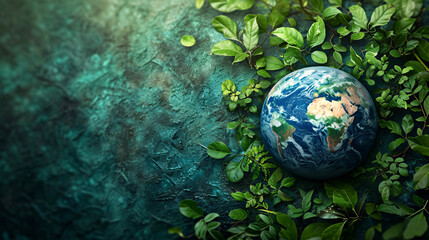 Obraz na płótnie Canvas Image depicting Earth surrounded by greenery, symbolizing ecological awareness and Earth Day.