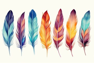 Colorful boho feather tribes in watercolor, abstract art with bird wing design on white background. Generative AI