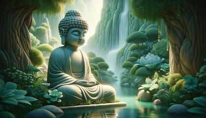 A whimsical, animated art style depiction of a peaceful Buddha statue with a backdrop of water and greenery.