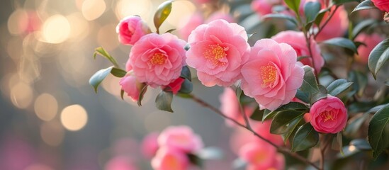 Winter showcases stunning pink sasanqua camellia blooms, exuding beauty and grace. - obrazy, fototapety, plakaty