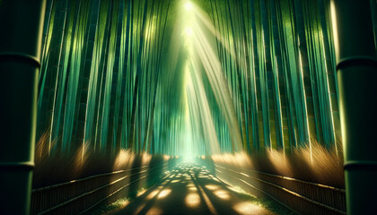 A whimsical, animated art style image in a 16_9 ratio, capturing a medium shot of a bamboo forest...