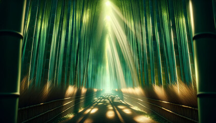 A whimsical, animated art style image in a 16_9 ratio, capturing a medium shot of a bamboo forest with light streaming through the leaves.