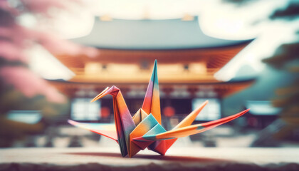 A whimsical, animated art style image in a 16_9 ratio, depicting a close-up of an origami crane with a temple in the soft-focus background.