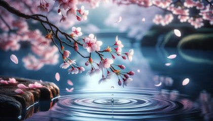 A whimsical, animated art style image in a 16_9 ratio, featuring a close-up of a sakura branch overhanging a still pond. - obrazy, fototapety, plakaty