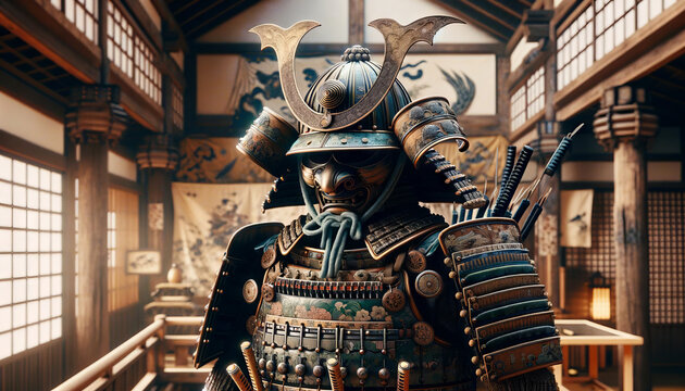 A whimsical, animated art style image in a 16_9 ratio, depicting a medium shot of an old samurai armor displayed in a temple.