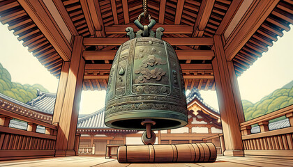 A whimsical, animated art style image in a 16_9 ratio, featuring a detailed shot of a temple bell with intricate patterns.