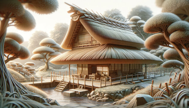 A whimsical, animated art style image in a 16_9 ratio, featuring a detailed look at the thatched roof of a traditional tea house.