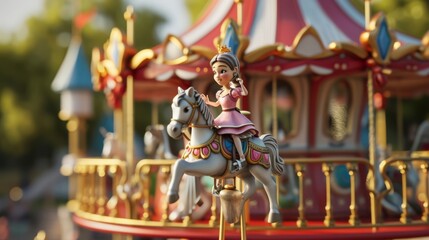 Cartoon scene A tiny princess sits atop a miniature castle calling out to her tiny knight in shining armor who is riding a miniature horse on the playgrounds miniature - obrazy, fototapety, plakaty