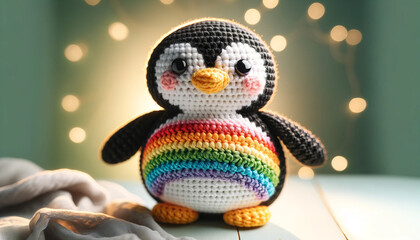 A whimsical and animated crocheted penguin with a rainbow belly, showcased in a close or medium shot. - obrazy, fototapety, plakaty