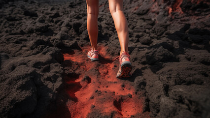 Legs of a female walking on volcanic lava