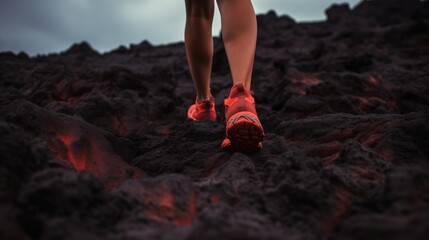 Legs of a female walking on volcanic lava