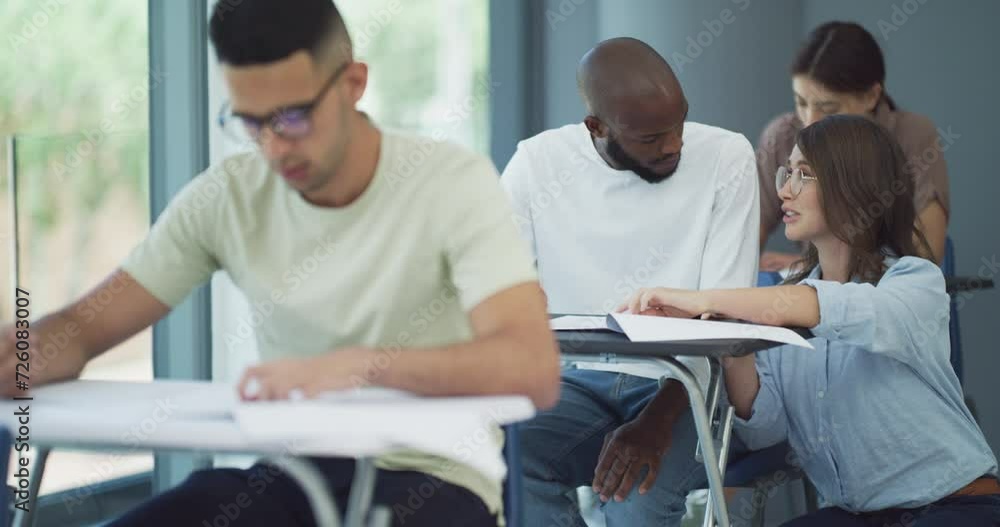 Aufkleber Teacher, students and exam in classroom for help, assistance or question on desk at school. Woman, mentor or lecturer talking to learner in writing test, answer or hint for problem solving in class