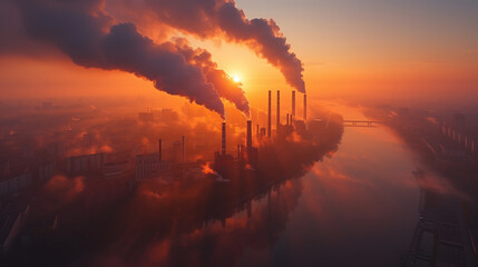 工業地帯から排出された温室効果ガスが美しい空を汚す様子
