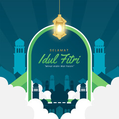 eid mubarak or idul fitri celebration with lanterns and mosques suitable for banner and poster