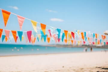 Vibrant summer beach with colorful flags lining the shore