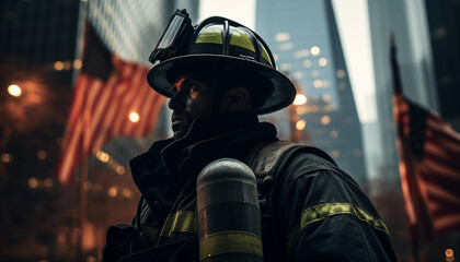 One firefighter standing outdoors, protecting city from burning building generated by AI - obrazy, fototapety, plakaty