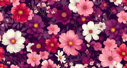 pink and white flowers in a pattern on a purple background