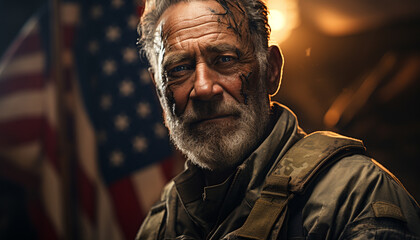 Obraz premium A patriotic veteran, smiling, looking at camera, representing freedom generated by AI