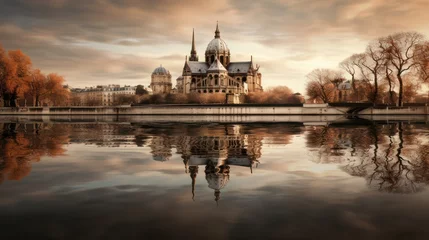 Photo sur Plexiglas Vieil immeuble Historic dome landmark building with reflection in park pond water.