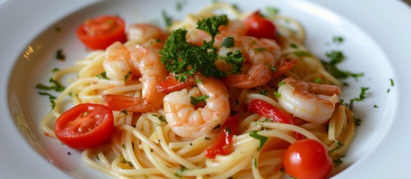 Traditional Italian dish Linguine con Le Canocchie, consisting of pasta, mantis shrimps, cherry tomatoes, garlic, white wine, olive oil, parsley, and peppers, served on a white plate.