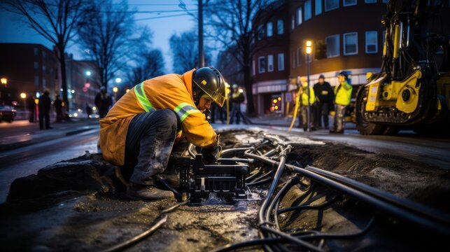 	
Workers are repairing fiber optic cables that are buried in the ground.	
