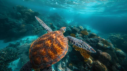 Fotobehang Sea Turtle Swimming Across Coral Reef In The Tropical Blue Ocean.  (Generative AI). © Dee