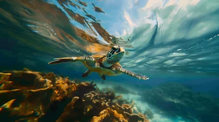 Zelfklevend Fotobehang Sea Turtle Swimming Across Coral Reef In The Tropical Blue Ocean.  (Generative AI). © Dee
