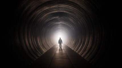 Person walking towards light at the end of the tunnel.