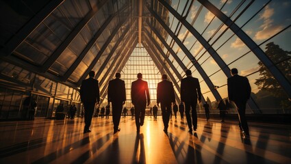 Silhouette of a group businessman walking inside of a company building