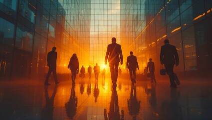Silhouette of a group businessman walking inside of a company building