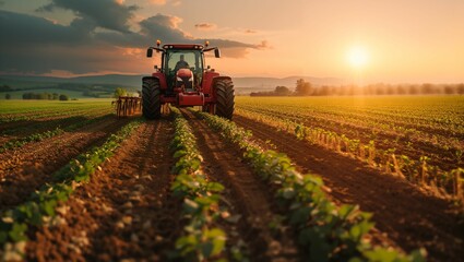 Tractors and tillage machines are tilling large areas of land and reducing labor costs, Agricultural industry - obrazy, fototapety, plakaty