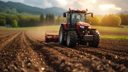 Tractors and tillage machines are tilling large areas of land and reducing labor costs, Agricultural industry - obrazy, fototapety, plakaty