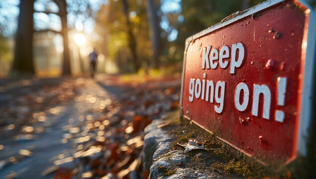 A red sign with the white letters "Keep going on!" and a man jogging in the background