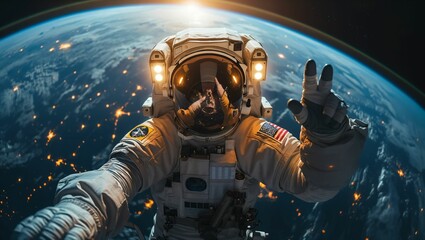 Astronaut taking a selfie in outer space - Powered by Adobe