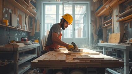 A contractor is cutting wood in a house that is being renovated - obrazy, fototapety, plakaty