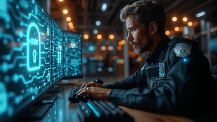 police man typing on a computer with privacy lock icon, security and technology concept