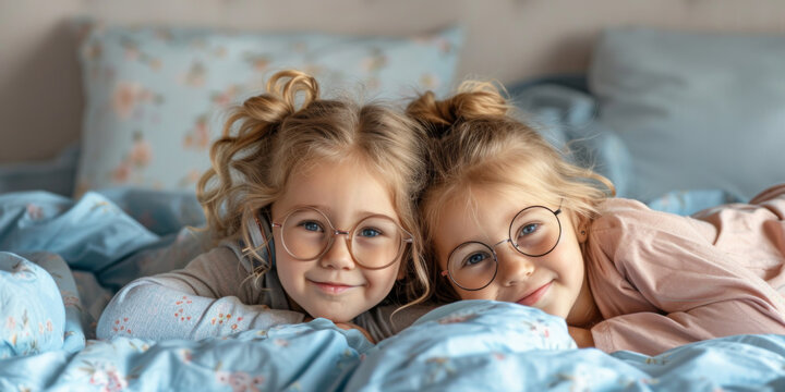 two cute young girls in glasses laying on a bed, generative AI