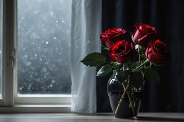 red roses in a glass vase with glass with rain water 