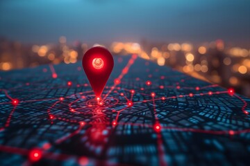 Experience the synergy of technology and urban life in this captivating shot showcasing a red map pin integrated into a dynamic cityscape, conveying the idea of navigation and connection.