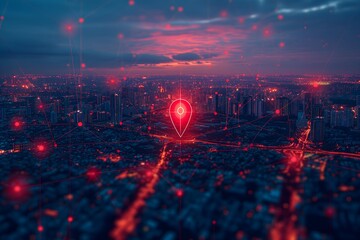 Capture the essence of urban navigation with a vibrant red map pin set against a cityscape backdrop, symbolizing connectivity and destination exploration. Ideal for travel and technology concepts.