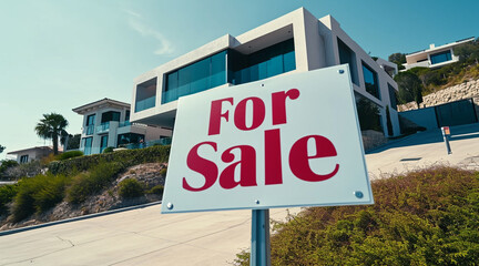 a modern property exterior with For Sale sign, conveying the idea of an available property for potential buyers. Generative AI.