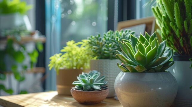 A snapshot of a desk decorated with personalized vegetation such as potted plants and succulents bringing a touch of nature into the work space.