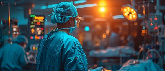 Concept illustration of a surgeon performing surgery in an operating room, seen from the back of the hospital.