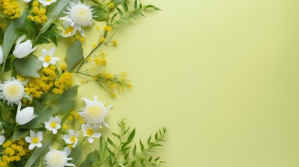 A mix of white and yellow flowers arranged on a pastel yellow background for a soft aesthetic.