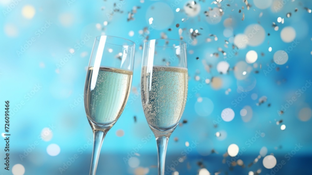 Wall mural two glasses of champagne with rising bubbles and falling confetti on a blue background.