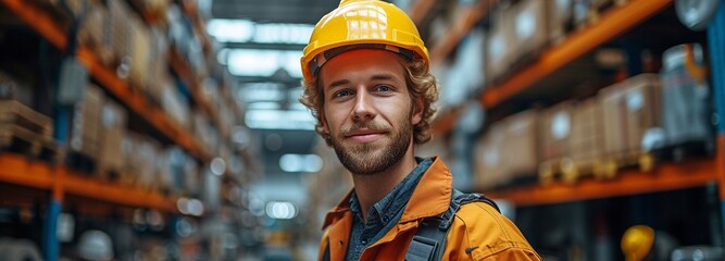 Pictured at the warehouse of a metal processing firm is a dashing young factory worker in uniform, holding a protective helmet and grinning mischievously at the camera. - obrazy, fototapety, plakaty