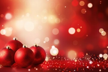 Festive red holiday background adorned with red ball decorations and snowflakes.