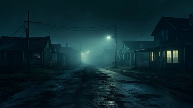 A deserted rural town under a misty night sky, illuminated by street lamps casting eerie shadows.