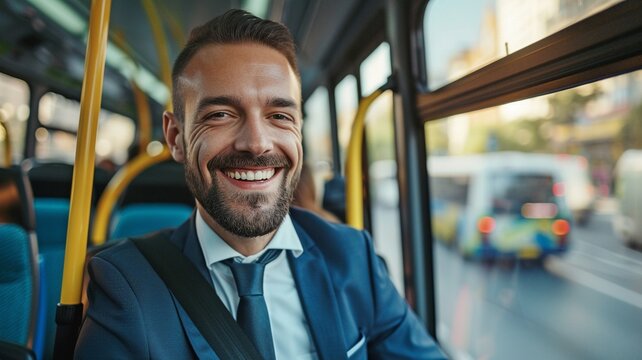 An Image Depicts A Content Businessman In A Suit Taking Public Transit To Cut Down On Air Pollution While Riding A Bus. A Businessman Takes The Bus To Work.