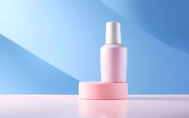 3d illustration Cosmetic pink cream bottle mockup on blue background on pedestal podium. Unbranded lotion beauty product packaging. generative ai